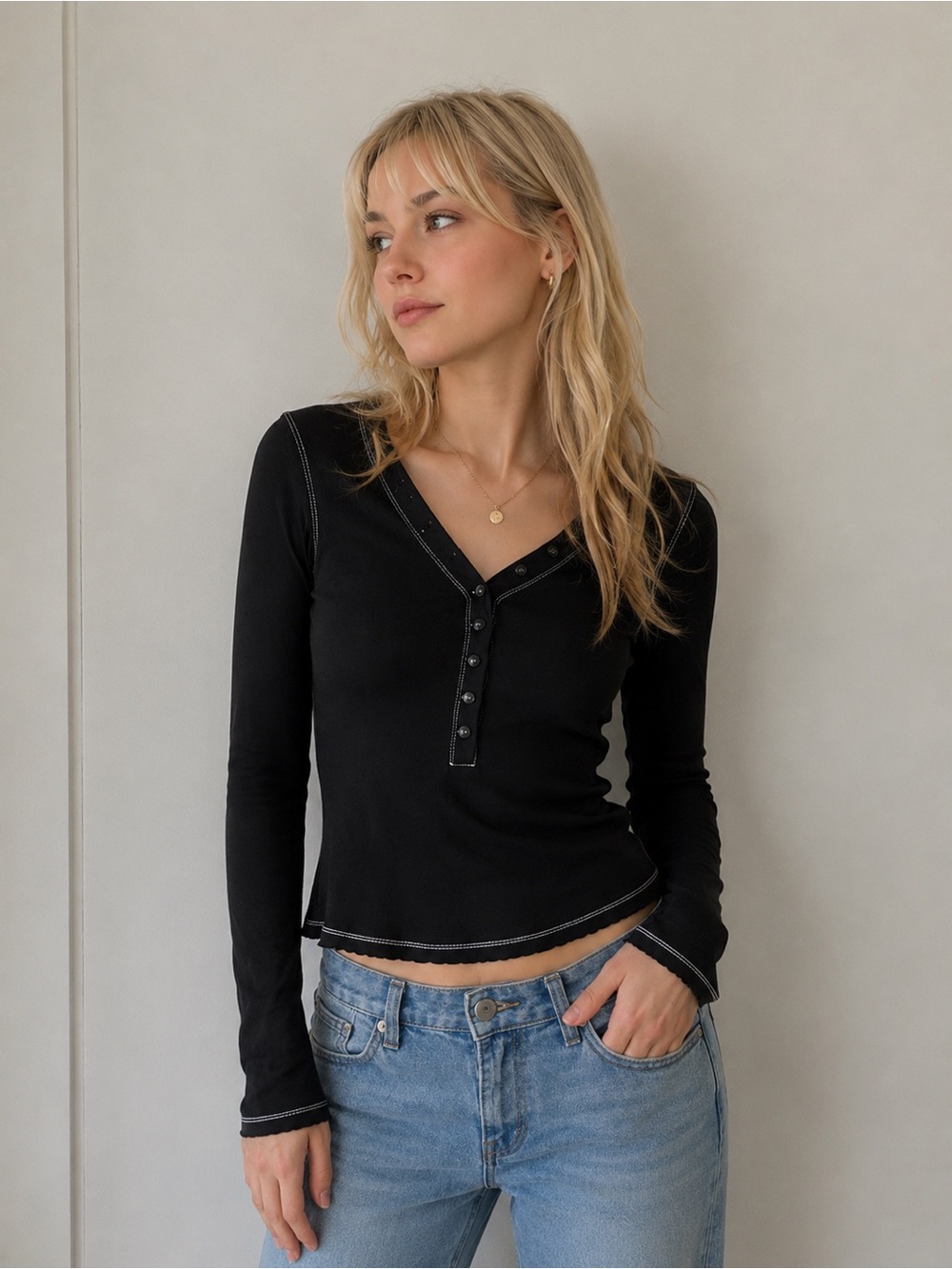 Edikted Black Long Sleeve Henley with Contrast White Stitching